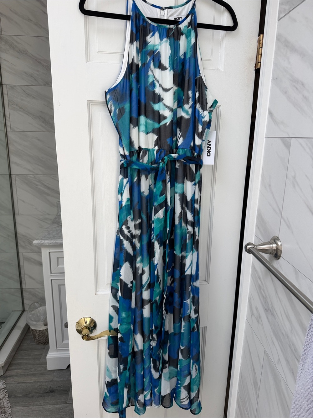 DKNY Blue Teal and White Printed Halter Maxi Dress